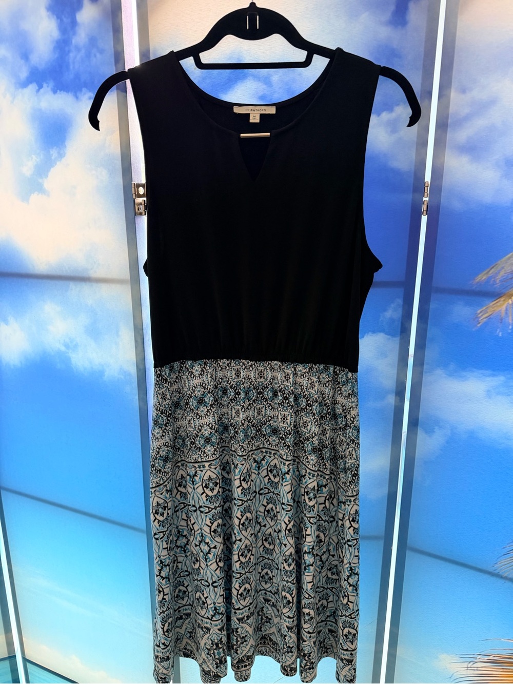 41 Hawthorn Black Top with Blue Patterned Midi Skirt Dress